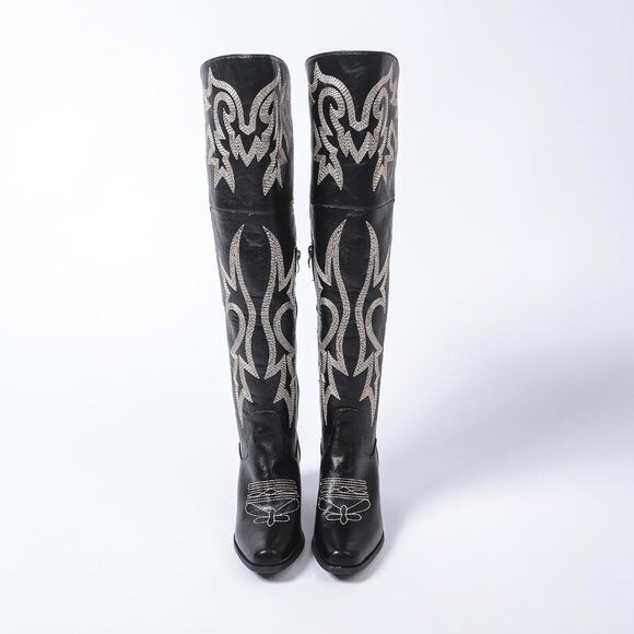⚡Women’s Black Knee Western Cowboy Boots Square Toe PU Leather Embroidered - Picture 7 of 8